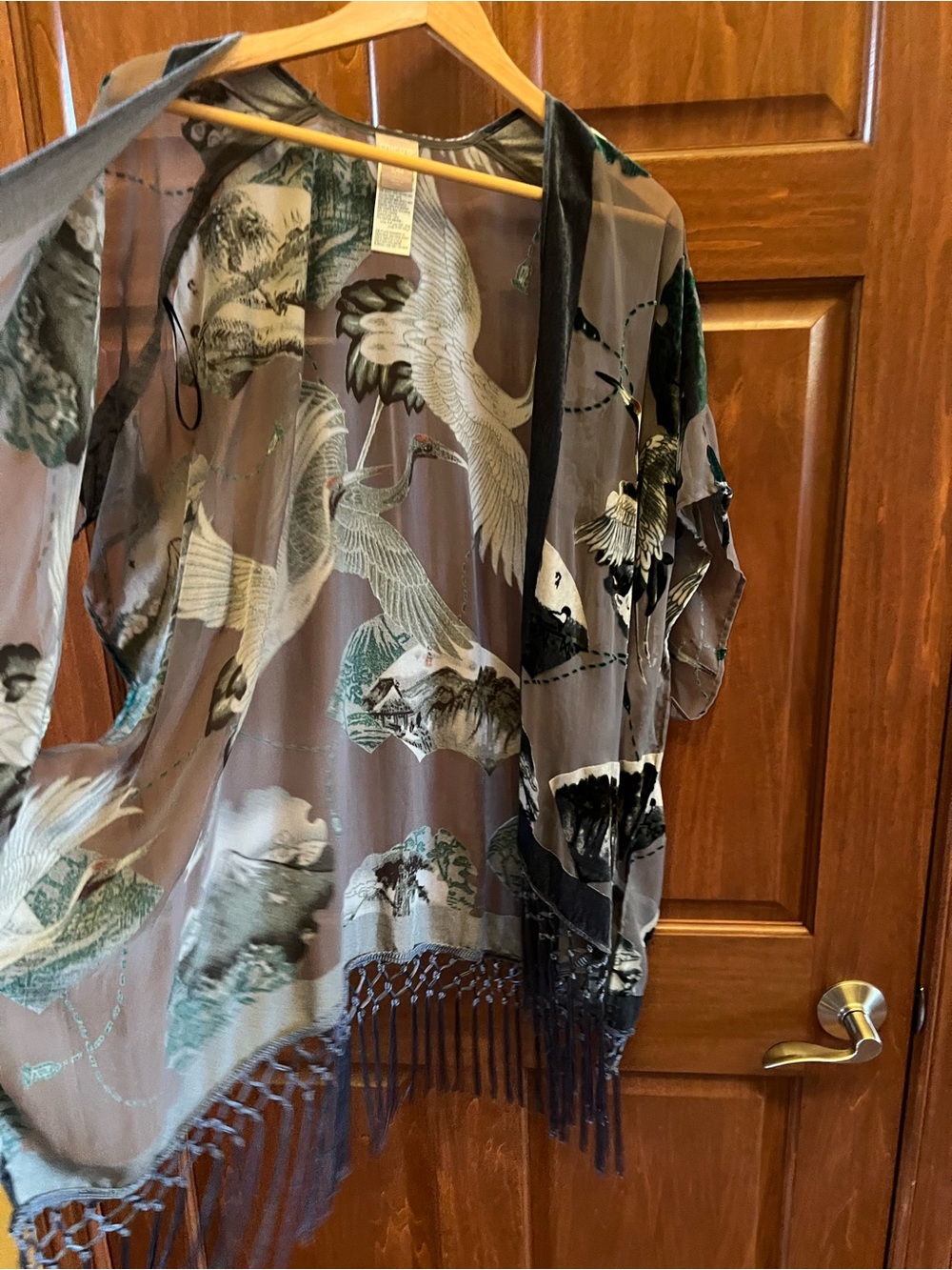 Chico's Kimono Burnout Velvet Open Front with Fringe Green Grey Size S/M - Picture 16 of 17